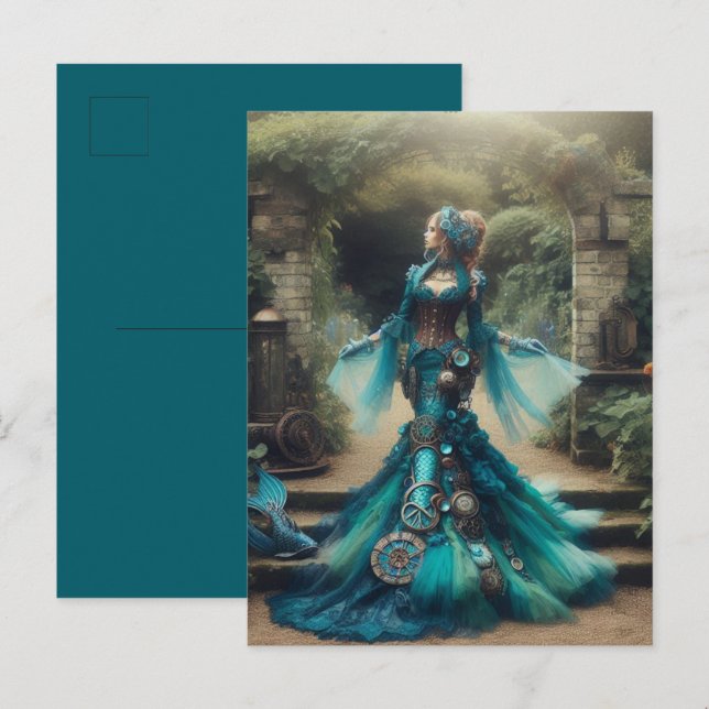 Aquamarine Meerjungfrau Steampunk Vintage Viktoria Postkarte (Vorne/Hinten)