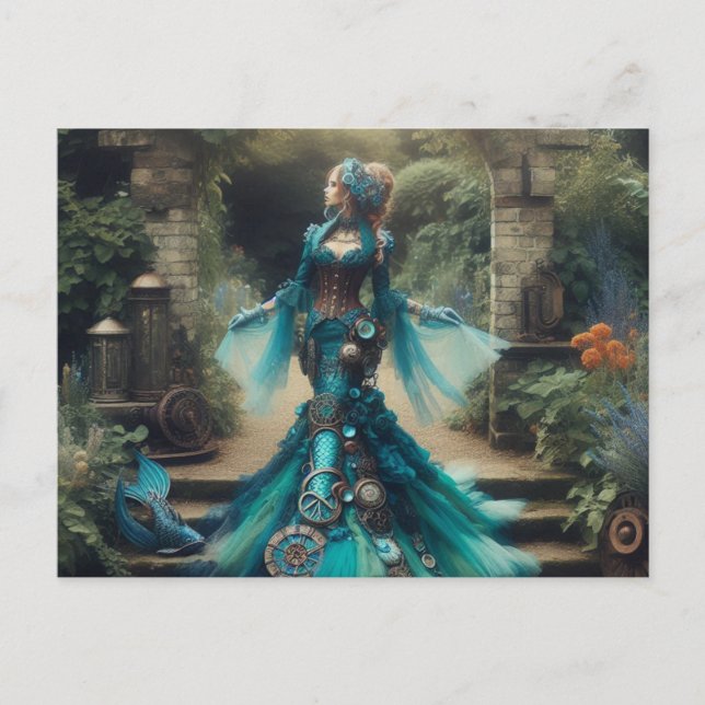 Aquamarine Meerjungfrau Steampunk Vintage Viktoria Postkarte (Vorderseite)
