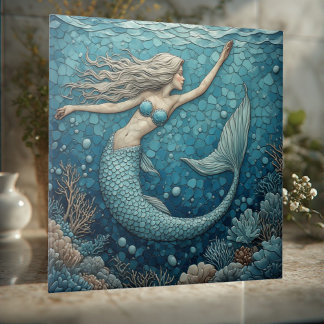 Aquamarine Mermaid Ocean Mosaic Luminous Coral Art Fliese