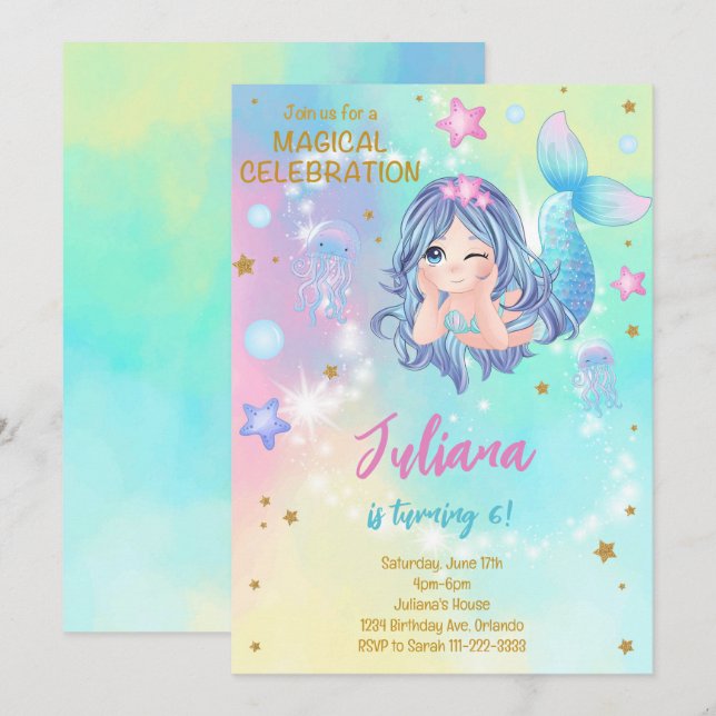 Aquamarine Mermaid zum Geburtstag Einladung (Vorne/Hinten)