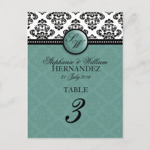 Aquamarine Monogramm Hochzeitsempfehlung Tischnumm Postkarte