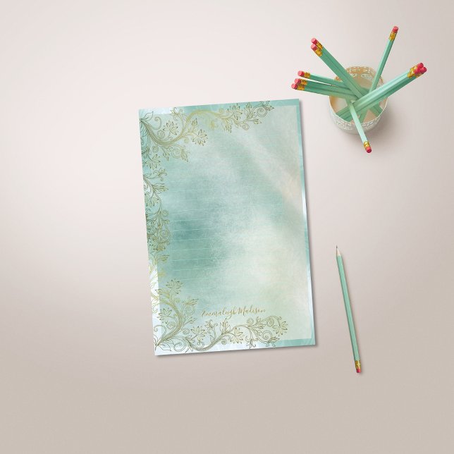 Aquamarine Monogramm Ziernähte Briefpapier (Von Creator hochgeladen)