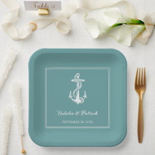 Aquamarine Nautical Anchor Wedding Paper Teller