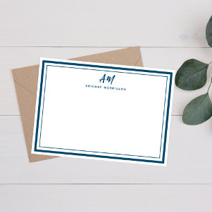 Aquamarine Navy Blue Monogram Dünne & dick Border Mitteilungskarte