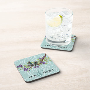 Aquamarine Niedliche Liebesvögel im Baum Getränkeuntersetzer