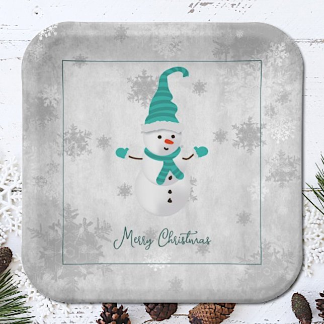 Aquamarine Niedliche Schneemann-Papierplatte Pappteller (Teal Cute Snowman Christmas Paper Plates)