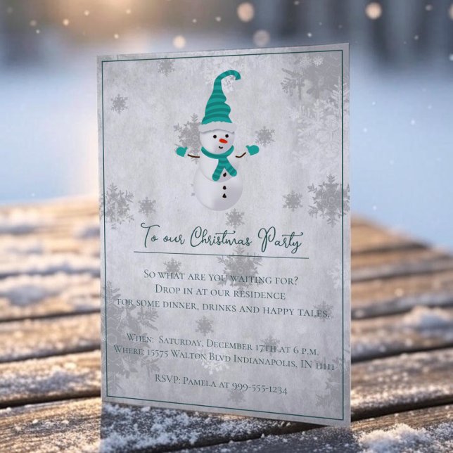 Aquamarine Niedliche Snowman Weihnachts-Party Einl Einladung (Teal Cute Snowman Christmas Party Invitation)
