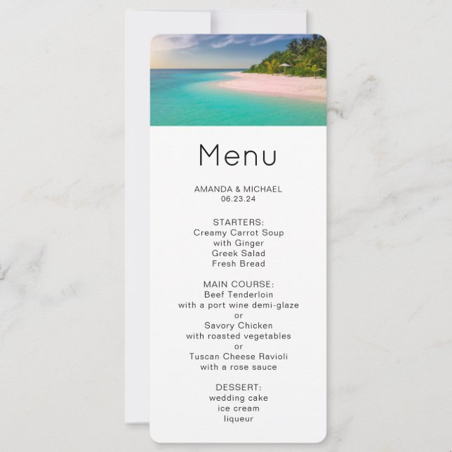 Aquamarine Ocean Tropical Beach Scenic Menu Einladung (Vorderseite)