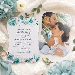 Aquamarine Off-White-Wildblumen-Foto-Hochzeit Einladung