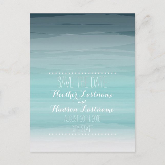 Aquamarine Ombré Beach Wedding Save the Date Ankündigungspostkarte (Vorderseite)