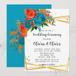 Aquamarine Orange Botanical Florals Gold Wedding Einladung