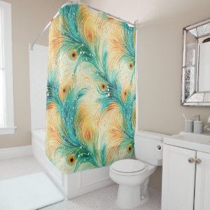 Aquamarine Orange Cream Peacock Feathers Duschvorhang