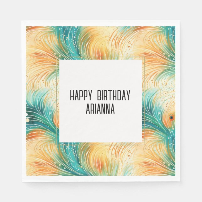 Aquamarine Orange Cream Peacock Feathers Serviette (Vorderseite)