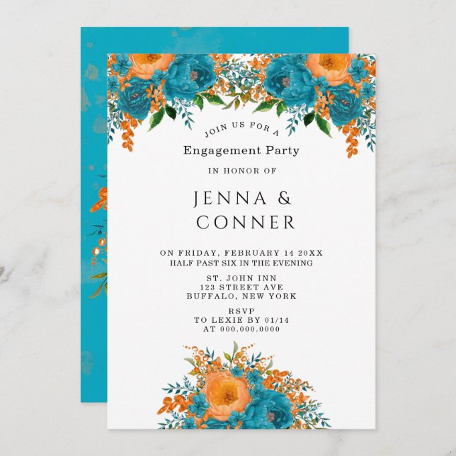 Aquamarine Orange Painted Floral Engagement Party Einladung (Vorne/Hinten)