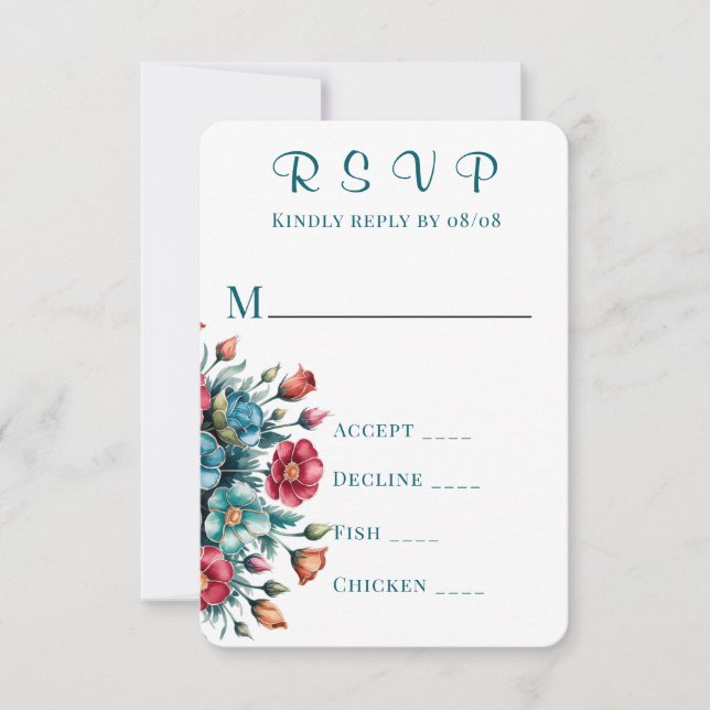 Aquamarine Orange Red Peony Wedding RSVP Cards Karte (Vorderseite)