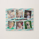 Aquamarine Orangenstreifen-Reihe FotoCollage Puzzle<br><div class="desc">Dieses bunte Foto-Puzzle ist ein lustiges Geschenk für jede Familie. Es bietet 6 Fotorahmen für Bilder von Kindern und Familienmitgliedern. Der Hintergrund ist aquamarin,  rot und orangefarben. Benutzerdefinierter Text erlaubt es Ihnen,  mit Ihrem Familiennamen zu personalisieren.</div>