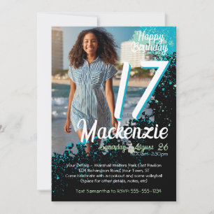 Aquamarine Paint Spritzer Foto 17. Geburtstag Einl Einladung