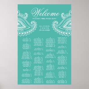 Aquamarine Paisley Alphabetitical Seating Chart Poster