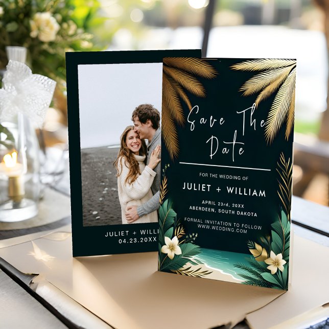 Aquamarine Palm Beach Green and Gold Hochzeit Save The Date (Von Creator hochgeladen)