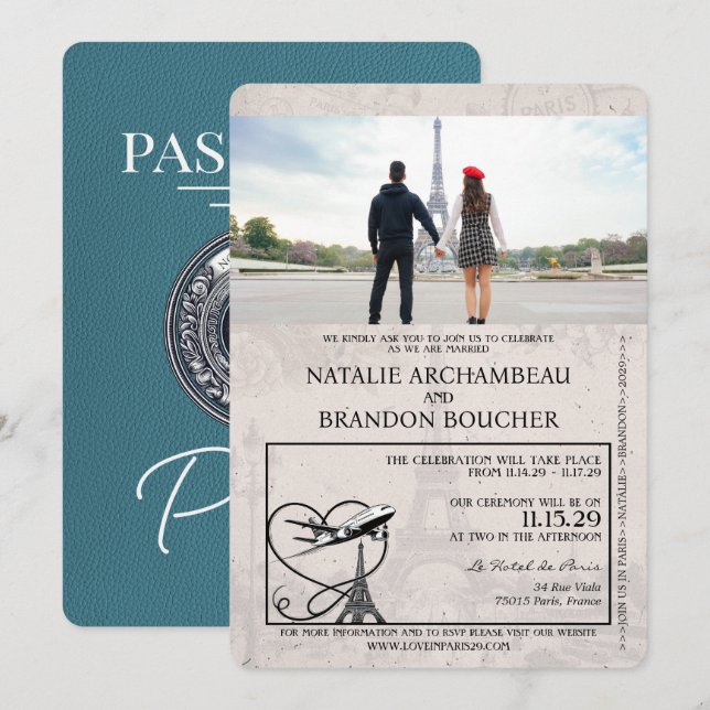 Aquamarine Paris-Passport-Hochzeit Einladung (Vorne/Hinten)