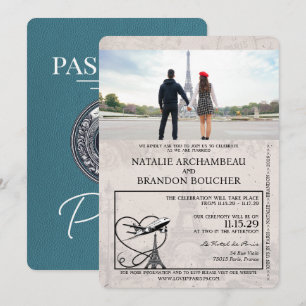 Aquamarine Paris-Passport-Hochzeit Einladung