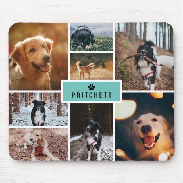 Aquamarine Paw Dog-FotoCollage und Monogramm Mousepad (Vorne)