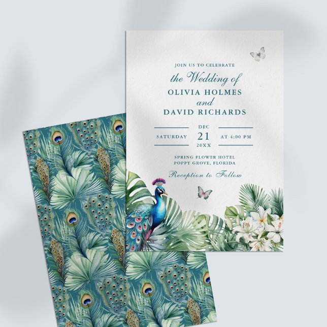 Aquamarine Peacock Tropical Blume Butterfly-Hochze Einladung (Teal Peacock Tropical Flowers Butterfly Wedding Invitation)