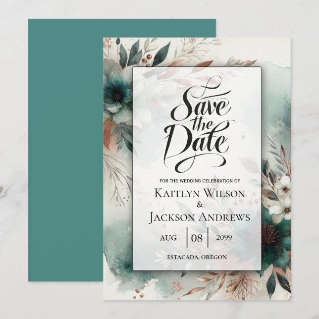 Aquamarine Petals in Bronze Bloom Wedding Save The Date (Vorne/Hinten)