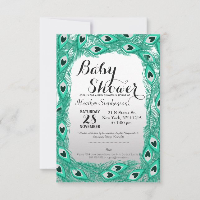 Aquamarine Pfauenfedern auf Weiß bis Grau Einladung (Vorderseite)