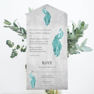 Aquamarine Pfauenhochzeit in einer Einladung