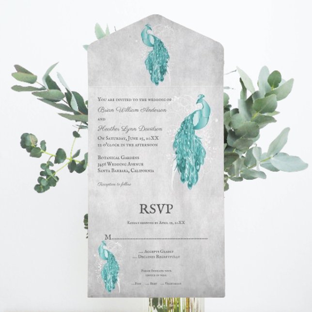 Aquamarine Pfauenhochzeit in einer Einladung (Teal Peacock All in One Wedding Invite)
