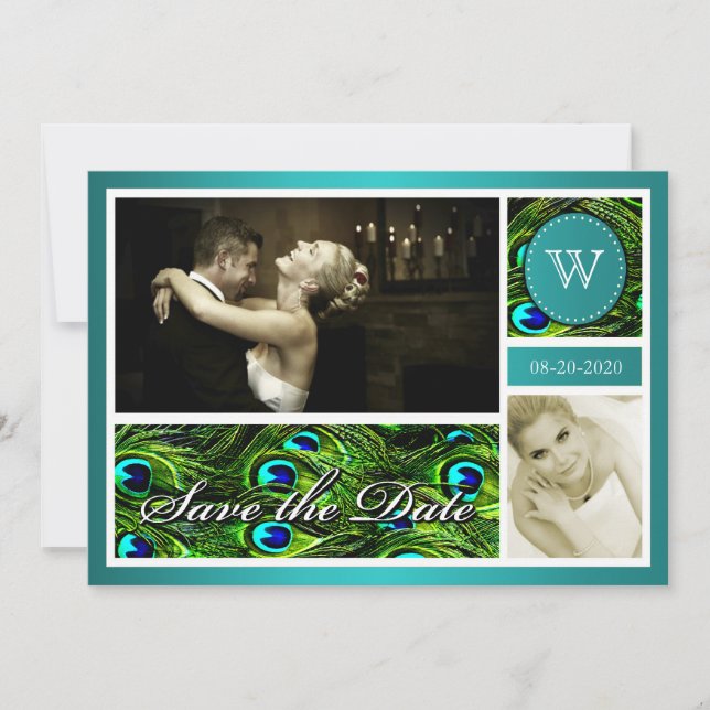 Aquamarine PfauenWedding speichert die Datumskarte Save The Date (Vorderseite)