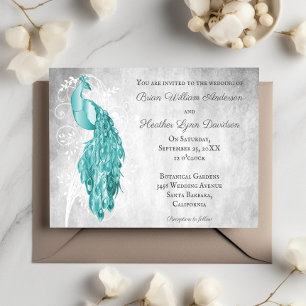 Aquamarine Pfauenweiße Botanische Hochzeit Einladung