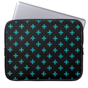 Aquamarine Polka-Kreuze auf schwarz Laptopschutzhülle