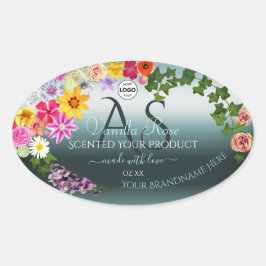 Aquamarine Produktetiketten Farbige Blume - Logo Ovaler Aufkleber