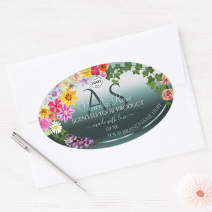 Aquamarine Produktetiketten Farbige Blume - Logo Ovaler Aufkleber