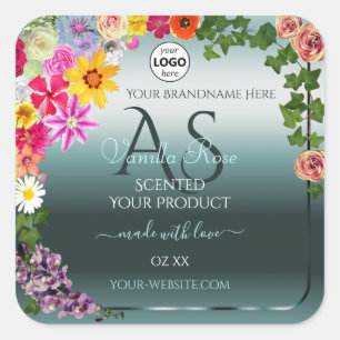 Aquamarine Produktetiketten Farbige Blume - Logo Quadratischer Aufkleber