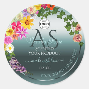 Aquamarine Produktetiketten Farbige Blume - Logo Runder Aufkleber