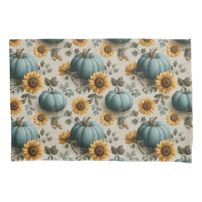 Aquamarine Pumpkins und goldene Sonnenblumen Kissenbezug (Vorderseite)