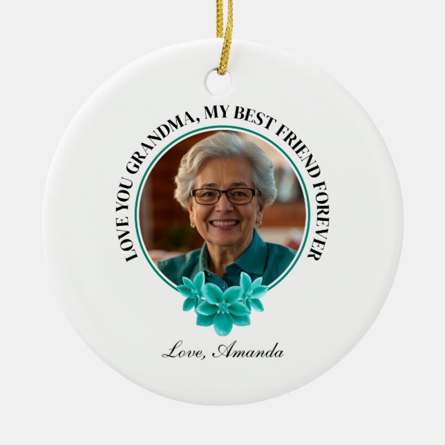 Aquamarine Rahmen-Großmutter mit Blumenmuster zum  Keramik Ornament (Vorne)