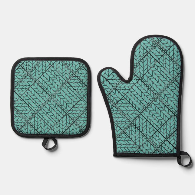 AQUAMARINE RAUTE STRICK Oven Mitt & Pot Holder Set (Vorderseite)