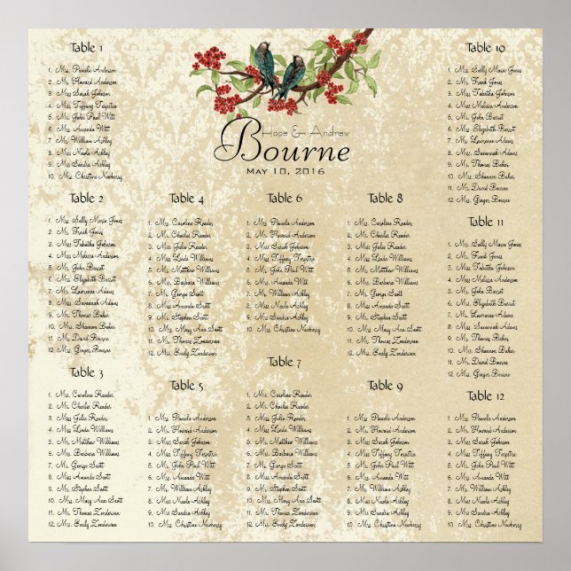 Aquamarine Red Wedding Lovebird Seating Chart 12 T Poster (Vorne)