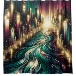 "Aquamarine Reflektionen: Vibrierendes Stadtbild b Duschvorhang