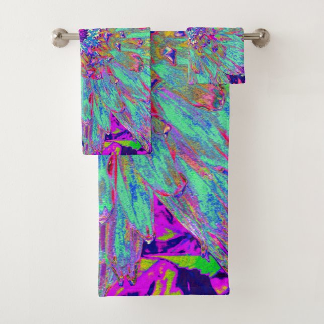 Aquamarine Regenbogen Farbe Abstrakt Dahlia Blume Badhandtuch Set (Insitu)