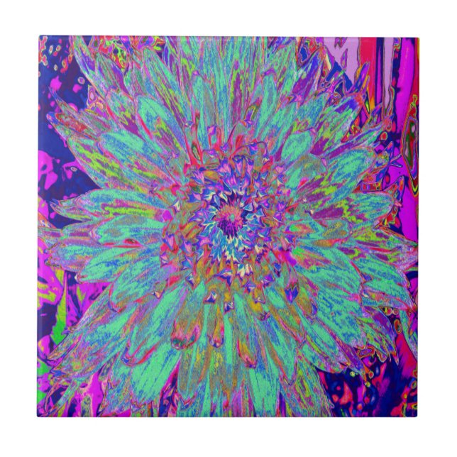 Aquamarine Regenbogen Farbe Abstrakt Dahlia Blume Fliese (Vorderseite)