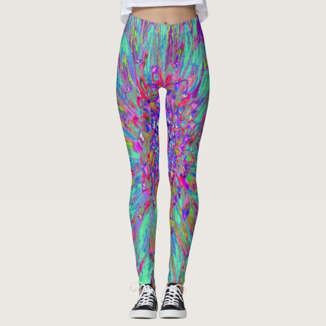 Aquamarine Regenbogen Farbe Abstrakt Dahlia Blume Leggings (Vorderseite)