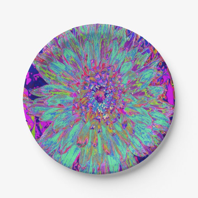 Aquamarine Regenbogen Farbe Abstrakt Dahlia Blume Pappteller (Vorderseite)