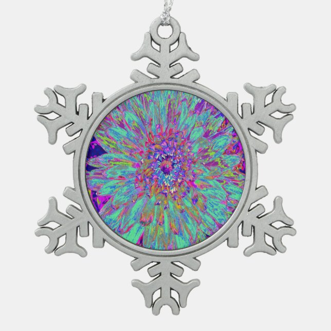 Aquamarine Regenbogen Farbe Abstrakt Dahlia Blume Schneeflocken Zinn-Ornament (Vorderseite)