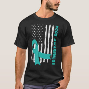 Aquamarine Ribbon American Flag PCOS Sensibilisier T-Shirt