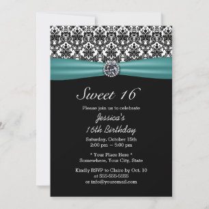 Aquamarine Ribbon & Damask Chic Diamond Sweet 16 Einladung